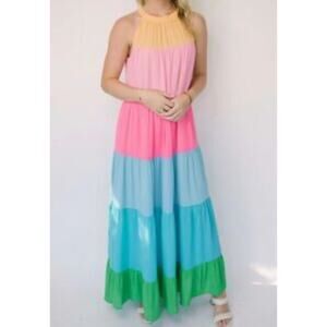 Jade Melody Tam Maxi Dress Tiered Rainbow Color Block Halter Multi Lg Colorful